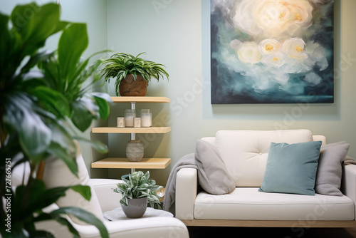 Cozy psychology therapy space with plants and artwork. Generative AI photo