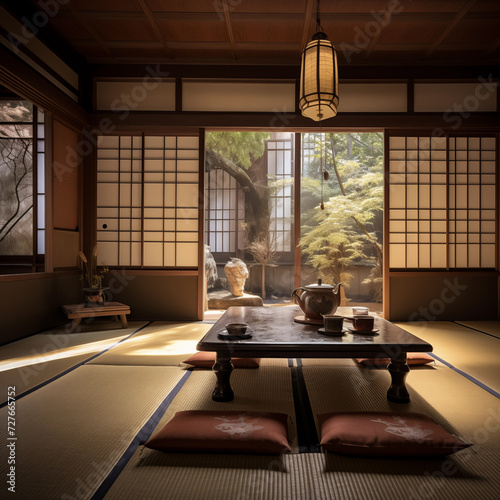 Cozy tea ceremony room with tatami mats. Generative AI