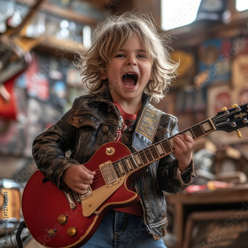 adorable little boy playing guitar with passion, being energetic and having fun