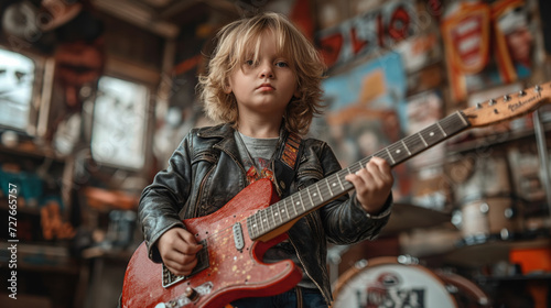cool little boy with blonde hair in leather jacket playing rock and roll