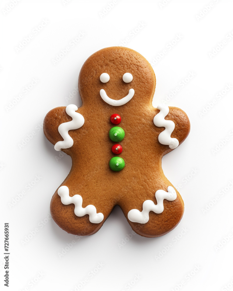 Traditional Christmas gingerbread cookie with a smile on white background