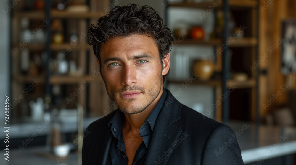 sexy young man with curly hair and green eyes looking forward and posing sexy young man with curly hair and green eyes looking forward and posing