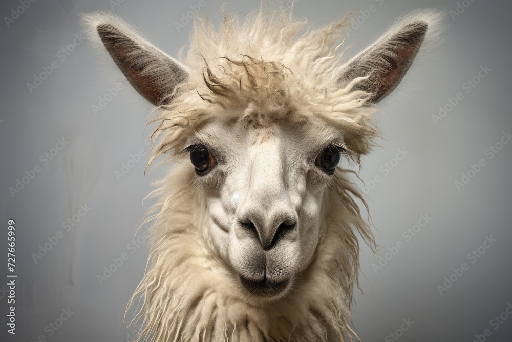 A close-up image showing a white llama with long hair, emphasizing its unique features.