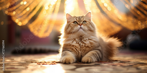 Majestic Fluffy Cat Basking in Golden Sunset Light with Elegant Bokeh Background for Serene and Luxurious Pet-Themed Imagery