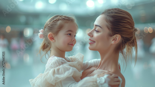 beautiful moment of mother and daughter looking at eachother and dancing photo