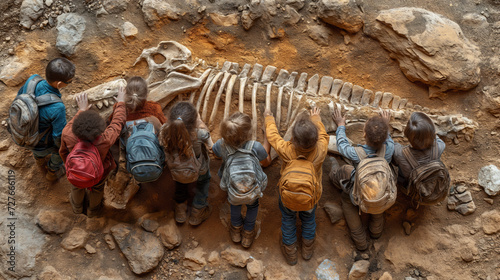 kids in a school trip discovering big dinosaur skeleton burried in sand photo