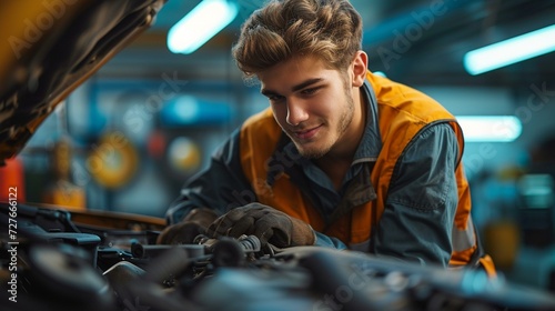 Mechanic working under the hood of a car at a service station, [car service station]
