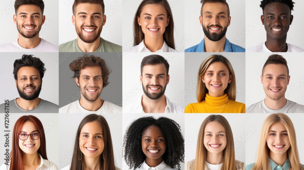 Diverse Group of Smiling People Headshots on White Background.