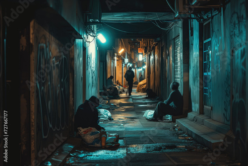 Dark dangerous alley with homeless people © thejokercze
