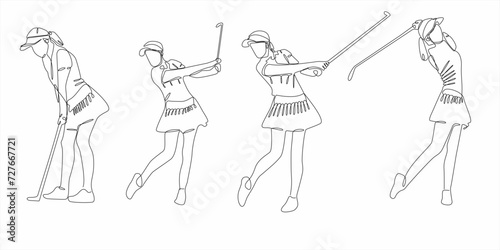 Continuous line drawing of young woman playing golf. Single one line art concept of professional golfer holding stick to hit ball. Vector illustrations