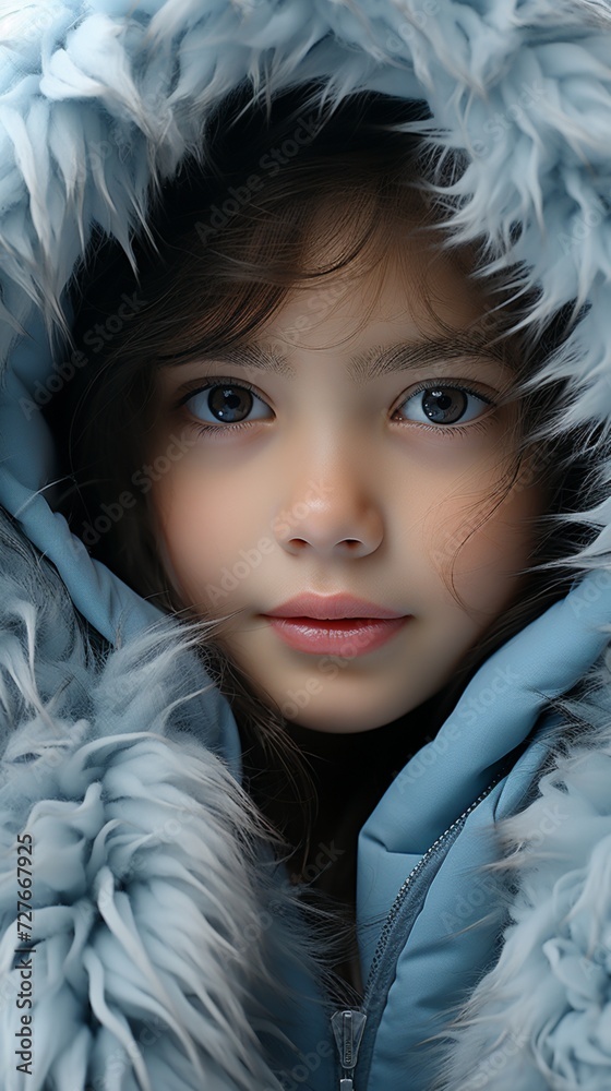 Little girl cute face wearing winter fluffy coat Little girl cute face wearing winter fluffy coat