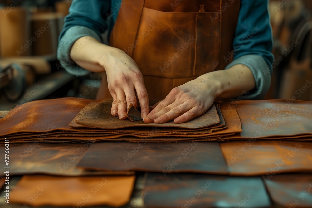 Expert female tailor crafting with precision, hands skillfully working on natural leather, creating bespoke leather goods. Expert female tailor crafting with precision, hands skillfully working on natural leather, creating bespoke leather goods.