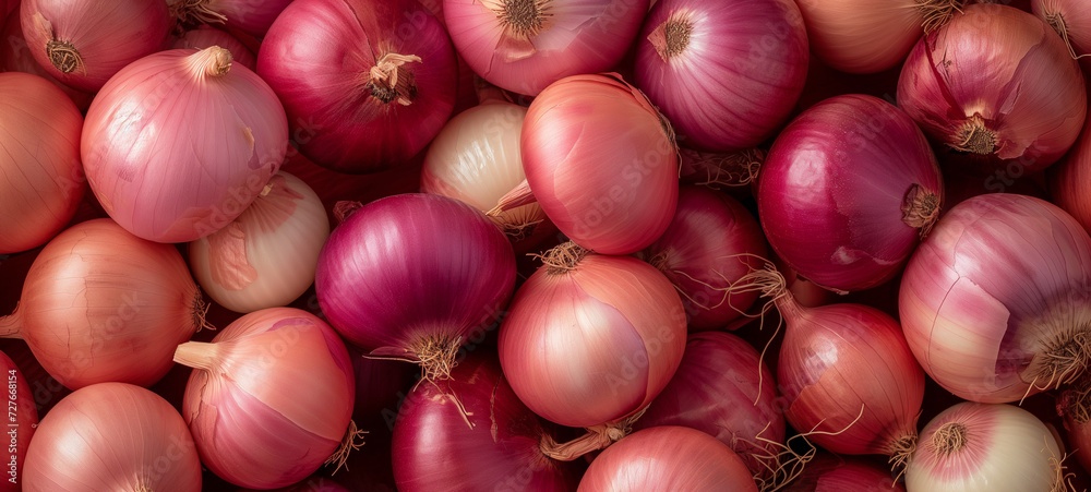 Fresh Red and White Onions Close-up, Culinary Banner, Rich Texture Background