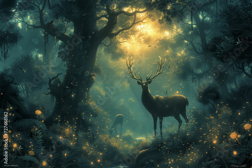 Discover enchantment in a twilight dream forest with magical creatures, ancient trees, and an art nouveau ambiance.