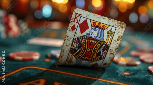 King of Diamonds Card on Casino Table with Chips.