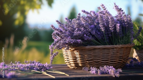 Close-up of freshly cut lavender flowers in a wicker basket on a wooden background near a green forest. Nature, Plants, background with copy space.