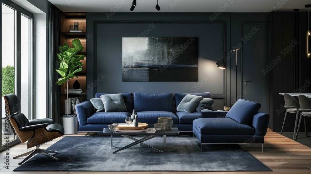 Modern Living Room with Blue Sofa