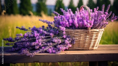 Close-up of freshly cut lavender flowers in a wicker basket on a wooden nature background. Summer  Plants  background with copy space