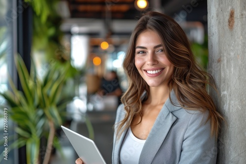 A female employee using a tablet computer. Generative Ai. © MinixT