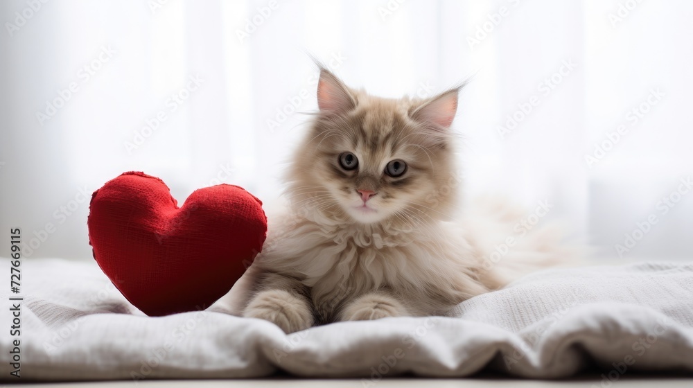 A cute cat is sitting with a heart-shaped pillow. Valentine's Day greeting card.