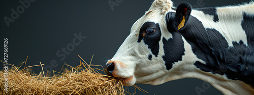 Black and white cow eating hay. Close-up studio animal portrait. Farming and agriculture concept. Design for educational material, poster. Profile view with copy space.