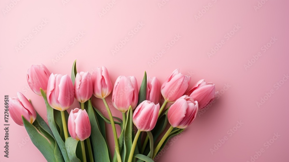 Pink tulips with fresh green leaves on a pink background. Beautiful background for a holiday, valentine's day, women's day. An empty space for the text.