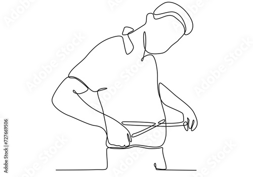 continuous line of man measuring stomach using clothes measuring tool