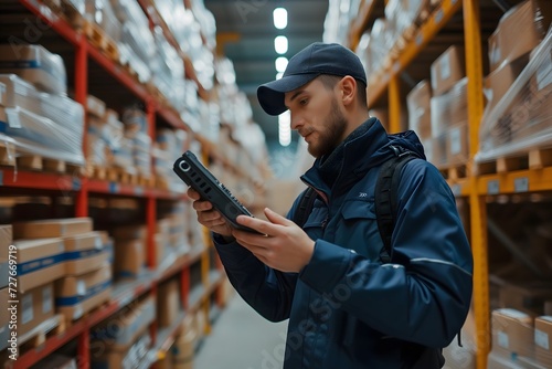 Efficient salesman in a hardware warehouse conducts inventory check using barcode reader, ensuring accurate stock management.