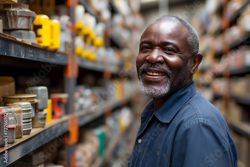 Joyful African middle-aged man browsing tools in hardware warehouse, smiling as he selects repair equipment, concept of DIY and home improvement projects.
