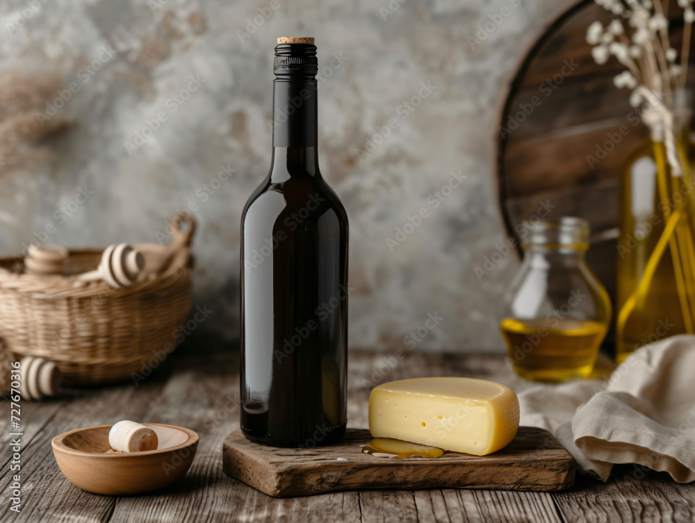 Naklejka premium Dark wine bottle with cork, cheese on wooden plank, and oil in glass container. Artisanal food and drink presentation with copy space. Wine tasting and culinary arts concept