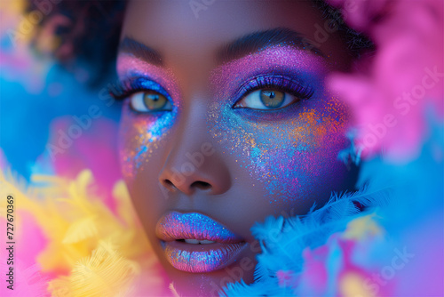 Vibrant portrait of a woman in a spectrum of colors, each revealing a facet of her personality.