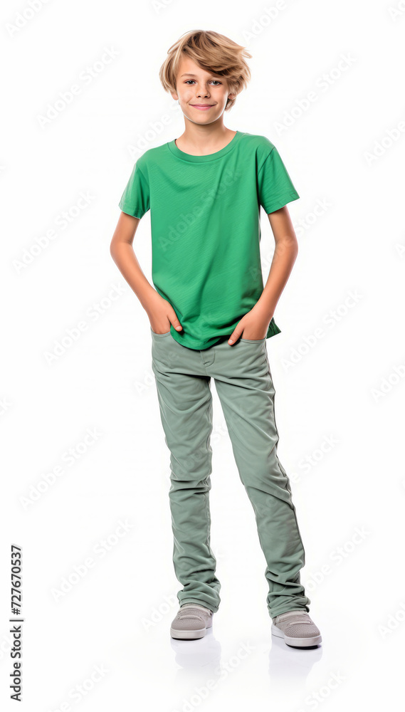 A positive stylish boy in green color t-shirt for mock up, full-length, on white background A positive stylish boy in green color t-shirt for mock up, full-length, on white background