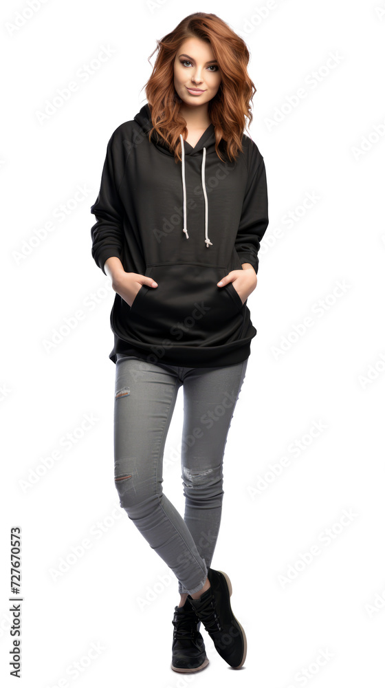 Beautiful positive stylish model girl in black color hoodie, full-length, isolated on a transparent background Beautiful positive stylish model girl in black color hoodie, full-length, isolated on a transparent background