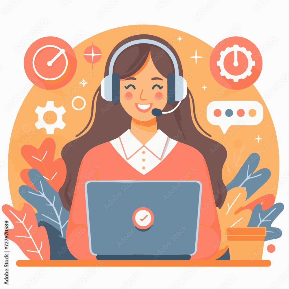 Customer support operator with headset and laptop. Call center, telemarketing. Vector illustration in flat style Customer support operator with headset and laptop. Call center, telemarketing. Vector illustration in flat style