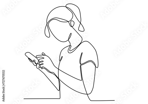 Single one-line drawing busy woman playing cellphone. Mobile phone concept. Continuous line drawing illustration