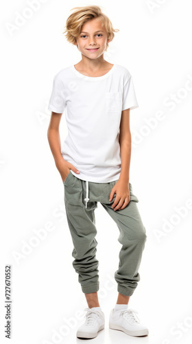 A positive stylish boy in white color t-shirt for mock up, full-length, on white background