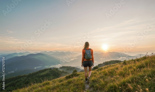 Empowered Woman Trekking on Mountain Summit