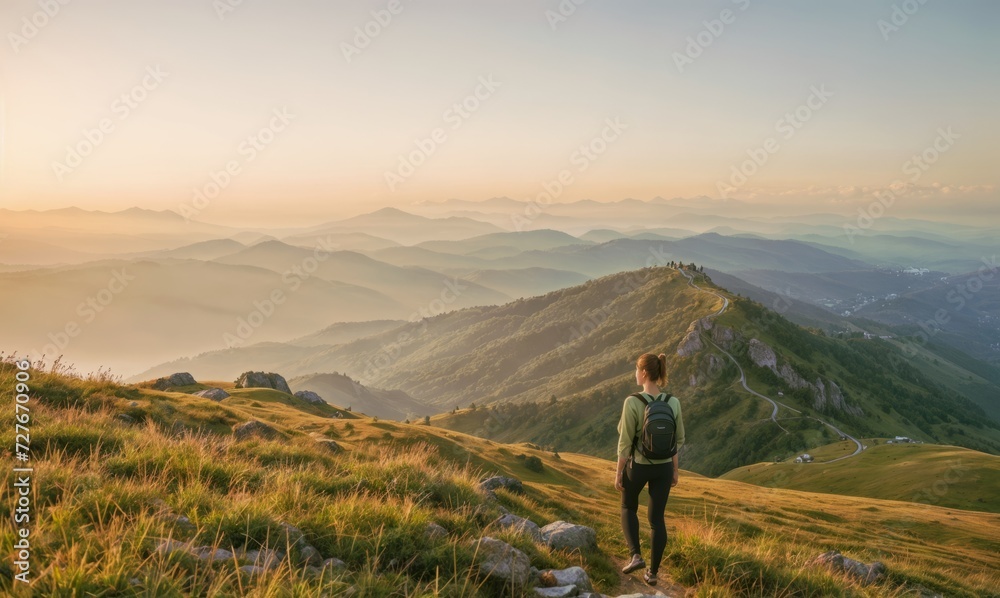 Fototapeta premium Empowered Woman Trekking on Mountain Summit