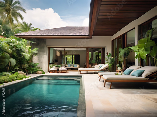Home or house construction The exterior and interior design depict a tropical pool villa with a green garden  a sun bed  and a blue sky.