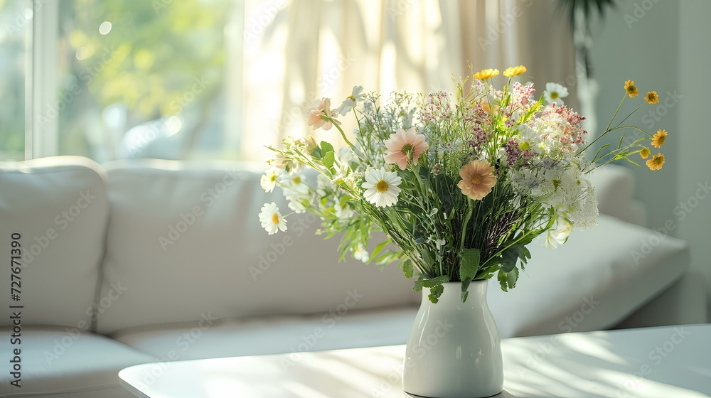 Spring flowers bouquet in vase on table in modern white living room with morning sun light. stylish apartment interior, soft lighting. generative AI Spring flowers bouquet in vase on table in modern white living room with morning sun light. stylish apartment interior, soft lighting. generative AI