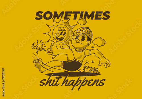 Sometimes, shit happens. Vintage illustration of a boy falling on a banana peel