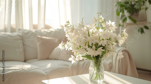 Spring flowers bouquet in vase on table in modern white living room with morning sun light. stylish apartment interior, soft lighting. generative AI © yj