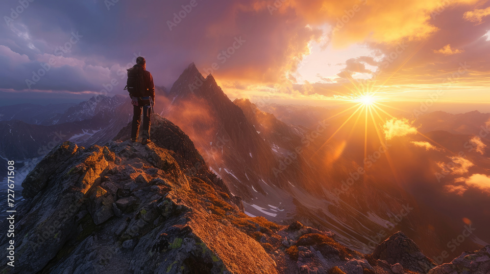 A climber on a high mountain peak at sunrise with amazing light and sky A climber on a high mountain peak at sunrise with amazing light and sky