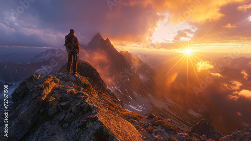 A climber on a high mountain peak at sunrise with amazing light and sky © boxstock production