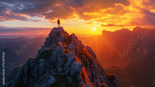 A climber on a high mountain peak at sunrise with amazing light and sky photo
