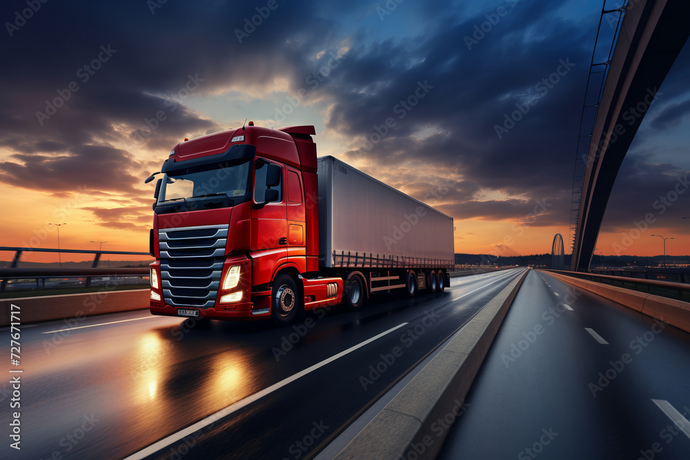 A logistics truck powers down the motorway at dusk, a visual metaphor for the unstoppable drive of AI Generative transport solutions.