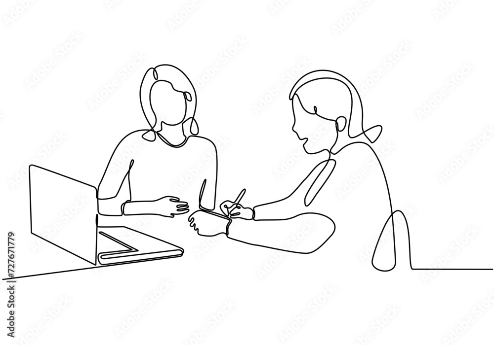 
continuous line drawing of a woman explaining material on a laptop to a woman. Two teenagers are browsing a laptop looking for information online. vector illustration isolated on white background