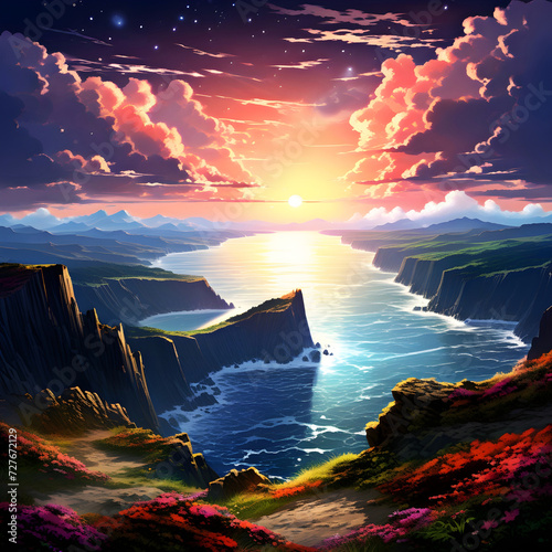 Beautiful anime-style landscape painting of the sun setting in a cloudy starry sky over a bay of craggy sheer cliffs and bluffs over the ocean  photo