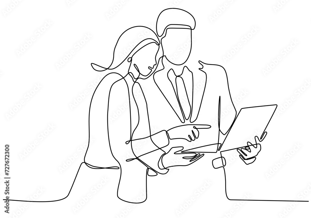 continuous line of men and women standing holding leptops continuous line of men and women standing holding leptops