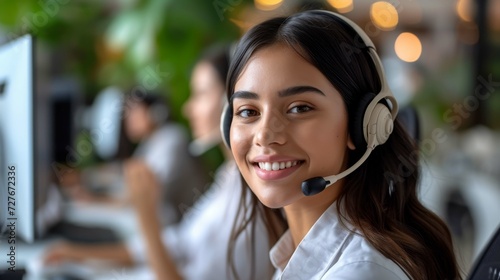 Friendly call center agent, young woman with headsets, problem